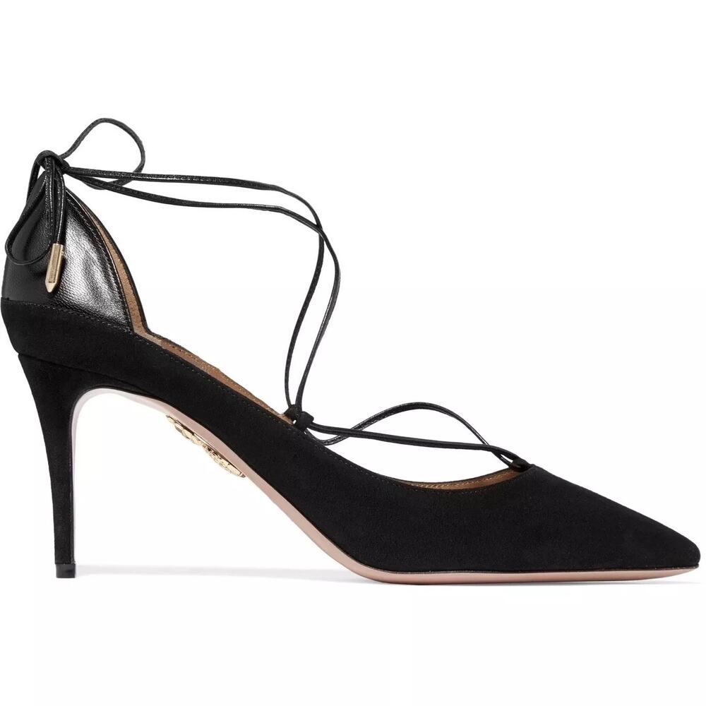 Aquazzura Fellini Pumps Black Suede Leather Trimmed Pointed Ankle Tie Sz 37 /‎ 7 - Picture 2 of 14